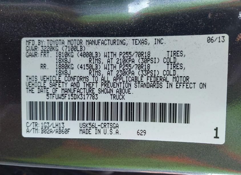 Photo 9 of 2013 Toyota Tundra GRADE 5.7L V8 (VIN 5TFUW5F15DX317783)