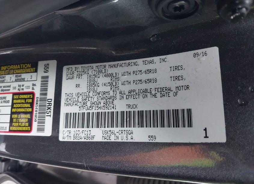 Photo 9 of 2017 Toyota Tundra SR5 5.7L V8 (VIN 5TFUW5F15HX592141)