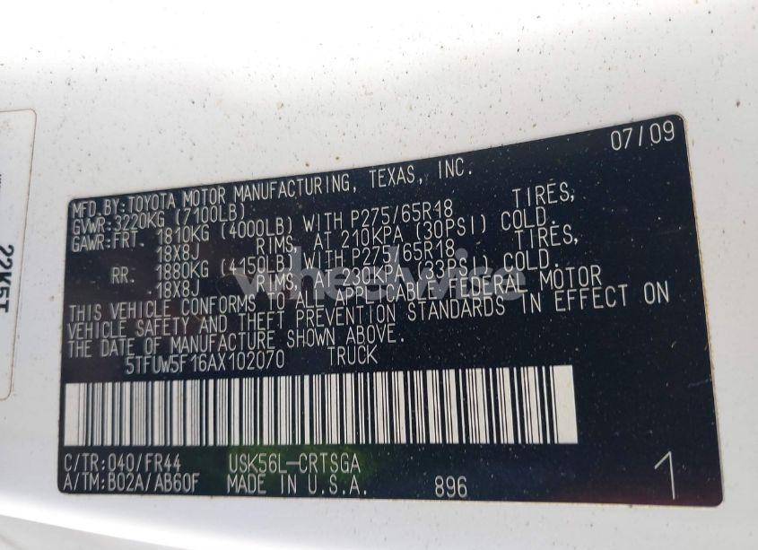 Photo 9 of 2010 Toyota Tundra GRADE 5.7L V8 (VIN 5TFUW5F16AX102070)