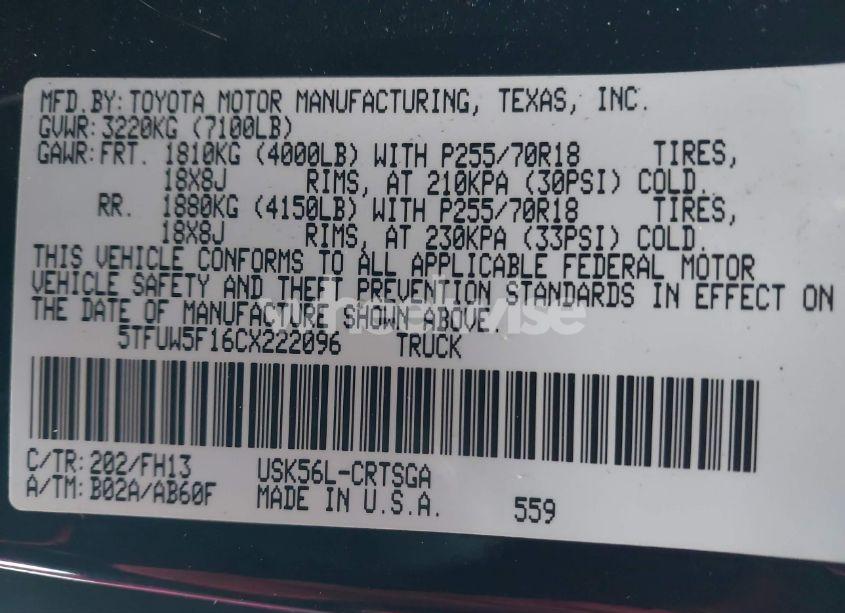 Photo 9 of 2012 Toyota Tundra GRADE 5.7L V8 (VIN 5TFUW5F16CX222096)