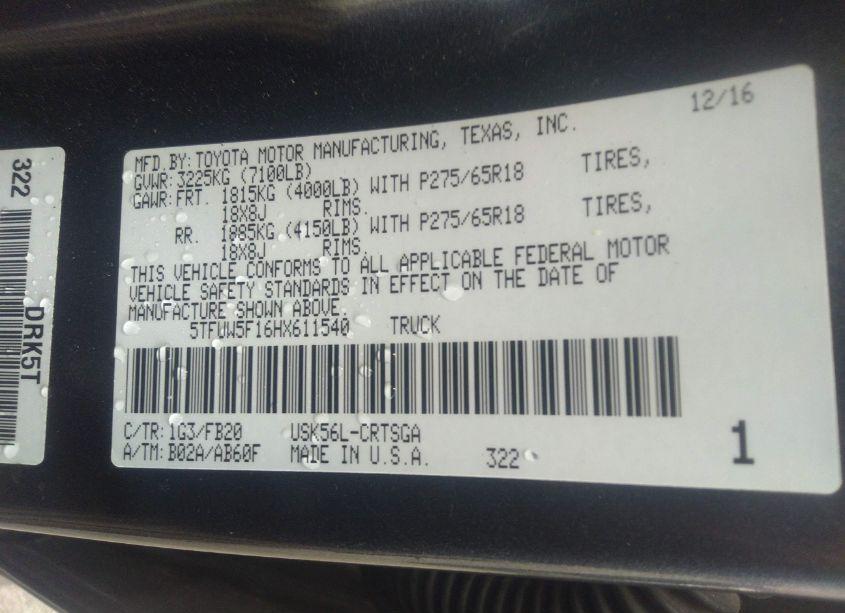 Photo 9 of 2017 Toyota Tundra SR5 5.7L V8 (VIN 5TFUW5F16HX611540)