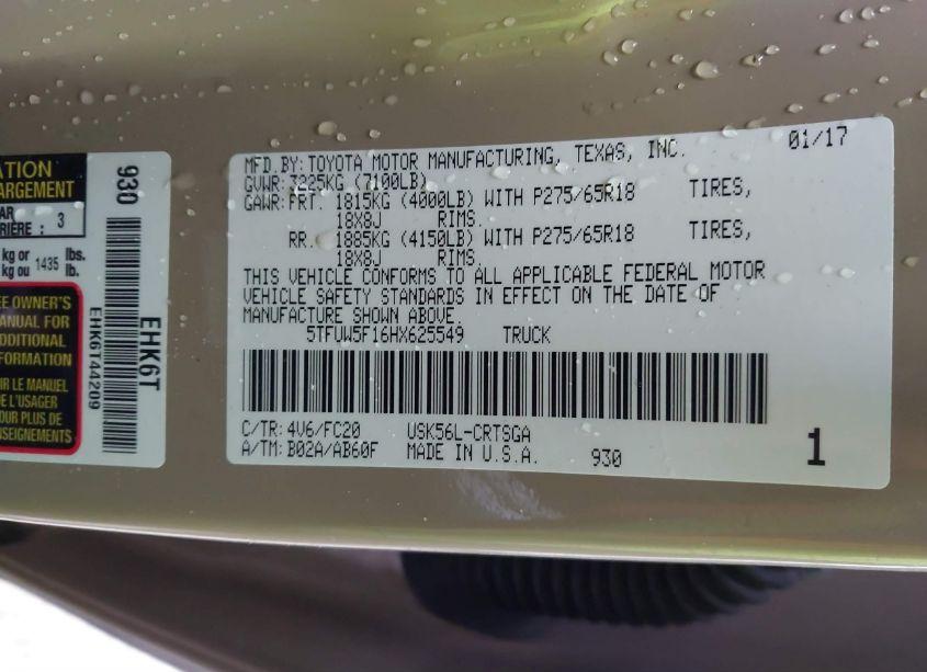 Photo 9 of 2017 Toyota Tundra SR5 5.7L V8 (VIN 5TFUW5F16HX625549)