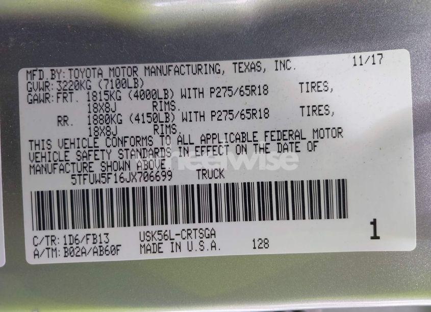 Photo 9 of 2018 Toyota Tundra SR5 5.7L V8 (VIN 5TFUW5F16JX706699)