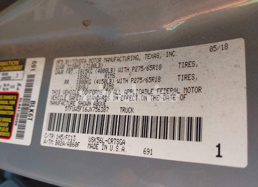 Photo 9 of 2018 Toyota Tundra SR5 5.7L V8 (VIN 5TFUW5F16JX756387)