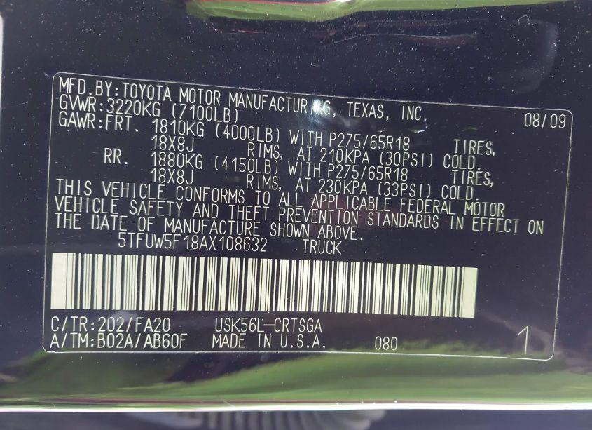 Photo 9 of 2010 Toyota Tundra DOUBLE CAB SR5 (VIN 5TFUW5F18AX108632)