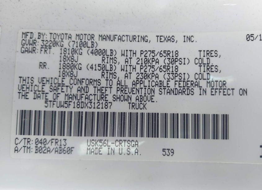 Photo 9 of 2013 Toyota Tundra GRADE 5.7L V8 (VIN 5TFUW5F18DX312187)