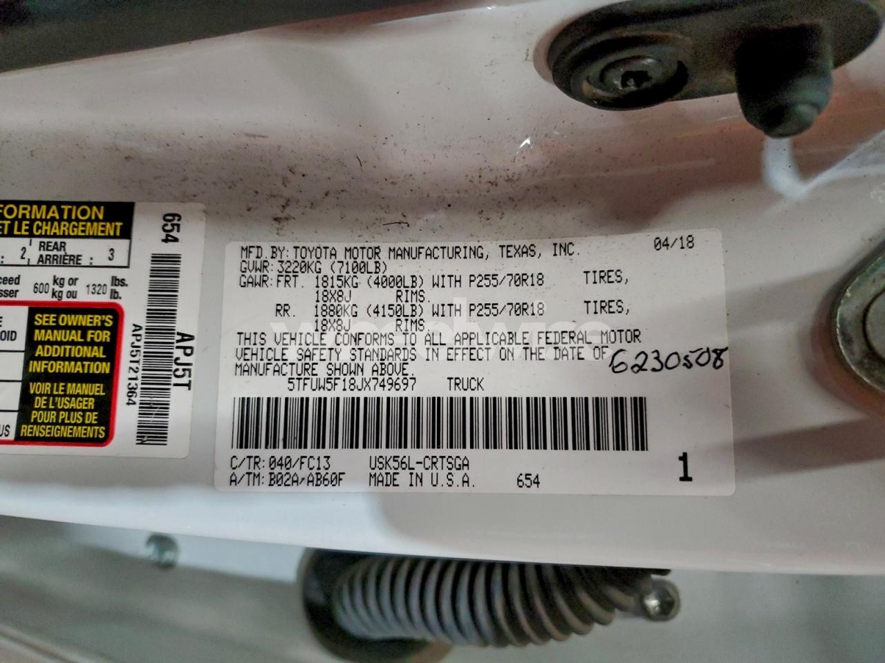 Photo 12 of 2018 TOYOTA TUNDRA DOUBLE CAB SR (VIN 5TFUW5F18JX749697)