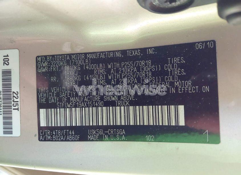 Photo 9 of 2010 Toyota Tundra GRADE 5.7L V8 (VIN 5TFUW5F19AX151490)