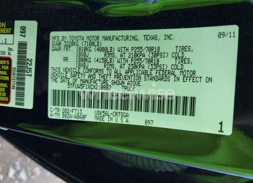 Photo 9 of 2012 Toyota Tundra GRADE 5.7L V8 (VIN 5TFUW5F1XCX210887)