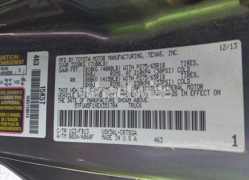 Photo 9 of 2014 Toyota Tundra SR5 5.7L V8 (VIN 5TFUW5F1XEX351784)