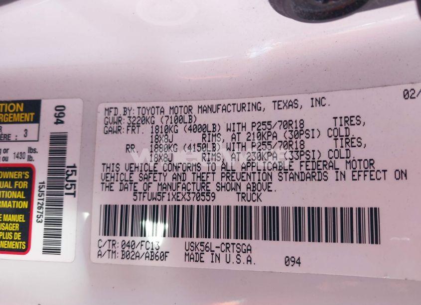 Photo 9 of 2014 Toyota Tundra SR5 5.7L V8 (VIN 5TFUW5F1XEX370559)