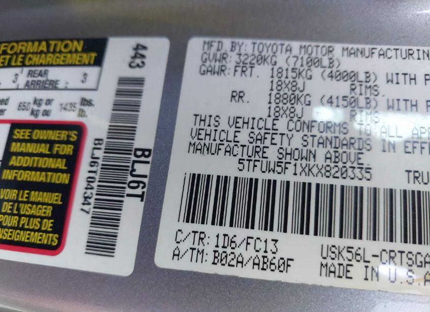 Photo 9 of 2019 Toyota Tundra SR5 5.7L V8 (VIN 5TFUW5F1XKX820335)