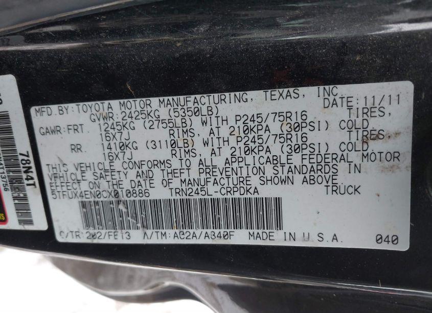 Photo 9 of 2012 Toyota Tacoma (VIN 5TFUX4EN0CX010886)