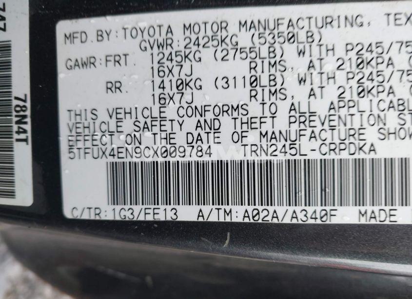 Photo 9 of 2012 Toyota Tacoma (VIN 5TFUX4EN9CX009784)