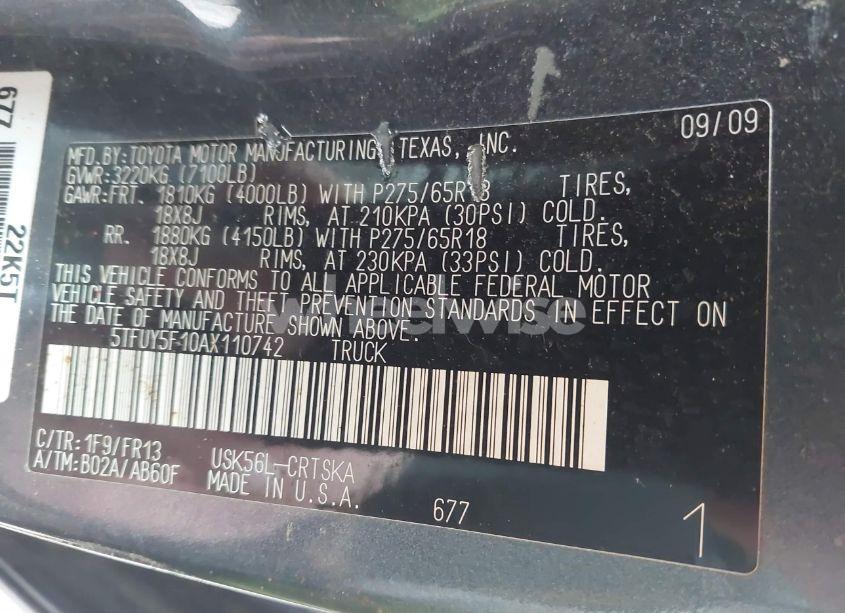 Photo 9 of 2010 Toyota Tundra GRADE 5.7L V8 (VIN 5TFUY5F10AX110742)