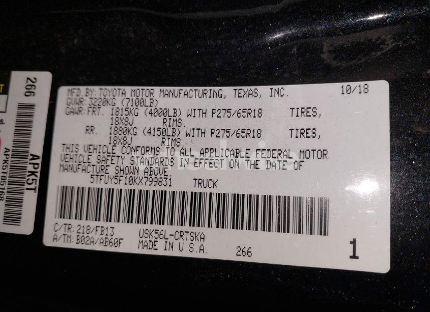 Photo 9 of 2019 Toyota Tundra SR5 5.7L V8 (VIN 5TFUY5F10KX799831)