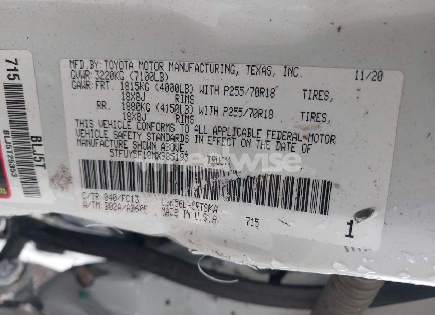 Photo 9 of 2021 Toyota Tundra SR5 (VIN 5TFUY5F10MX985193)