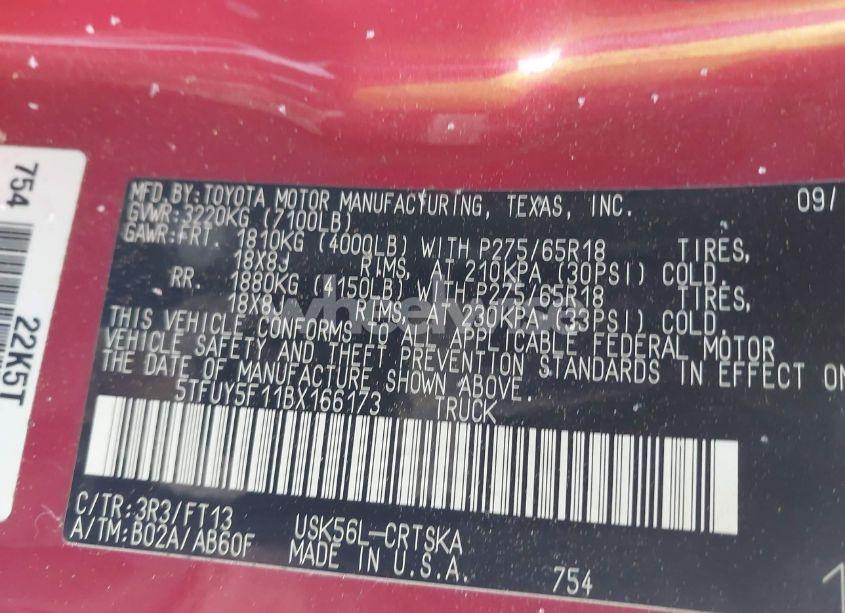 Photo 9 of 2011 Toyota Tundra GRADE 5.7L V8 (VIN 5TFUY5F11BX166173)