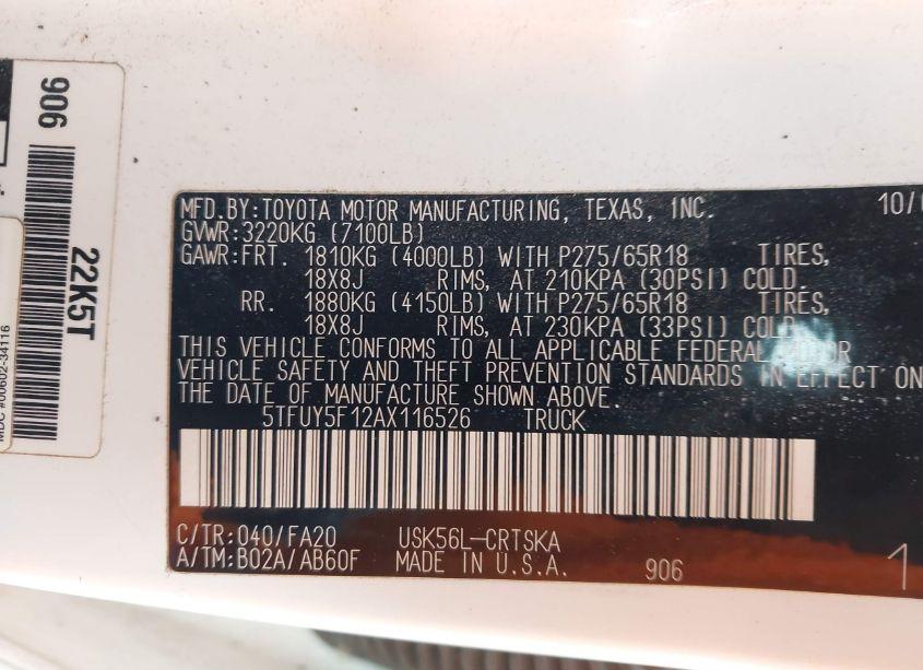 Photo 9 of 2010 Toyota Tundra DOUBLE CAB SR5 (VIN 5TFUY5F12AX116526)