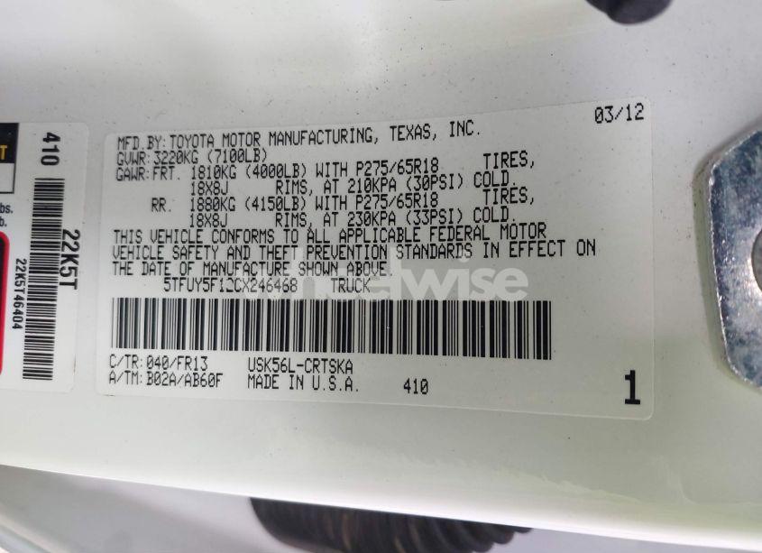 Photo 9 of 2012 Toyota Tundra GRADE 5.7L V8 (VIN 5TFUY5F12CX246468)