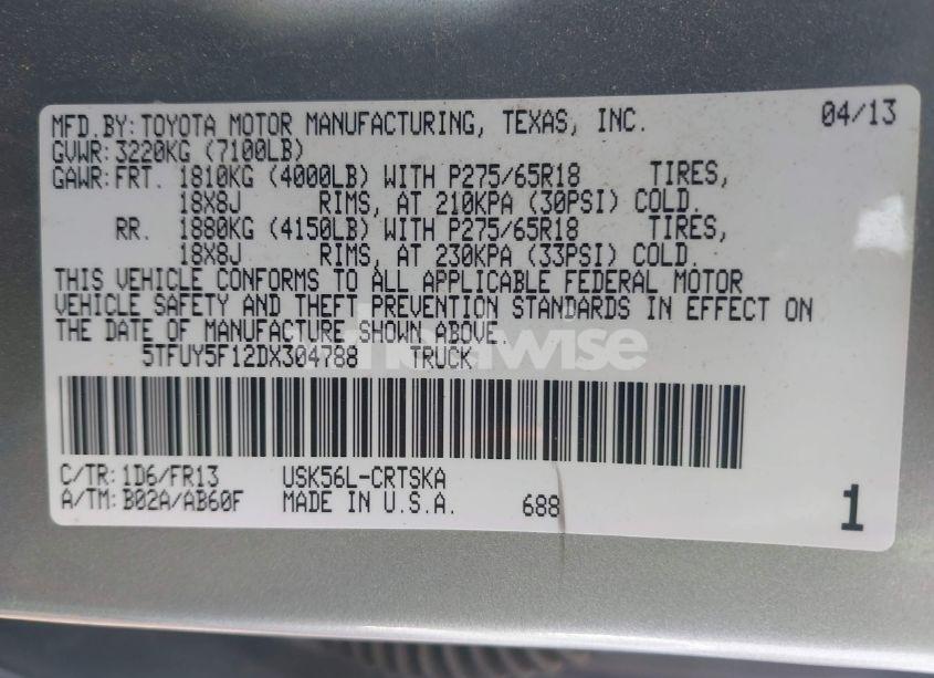 Photo 9 of 2013 Toyota Tundra GRADE 5.7L V8 (VIN 5TFUY5F12DX304788)