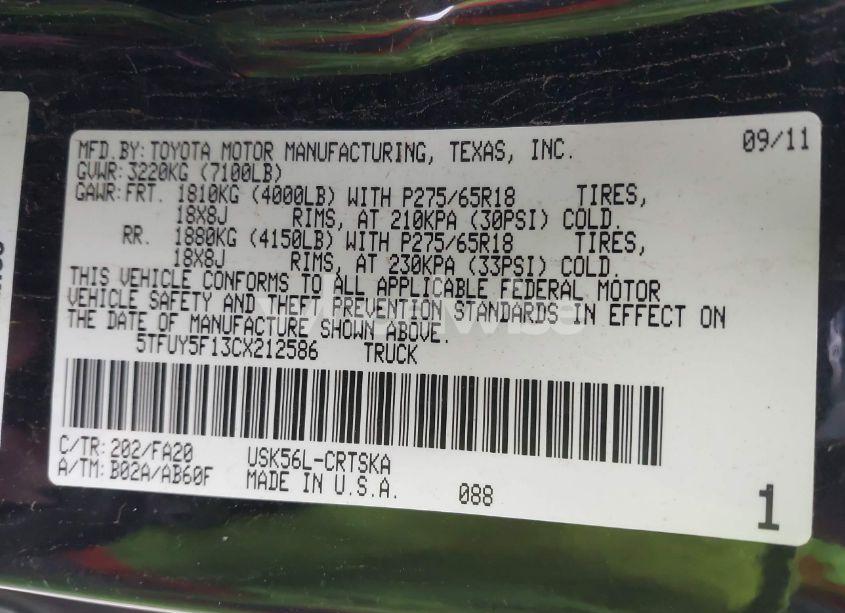 Photo 9 of 2012 Toyota Tundra DOUBLE CAB SR5 (VIN 5TFUY5F13CX212586)
