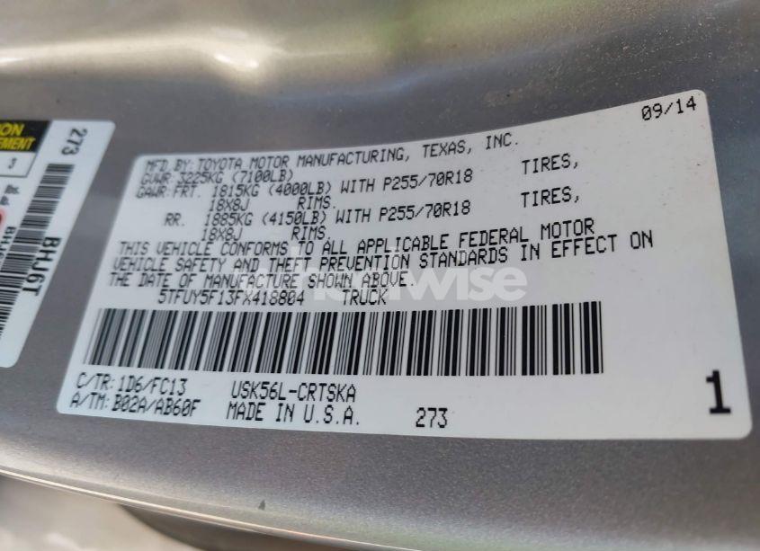 Photo 9 of 2015 Toyota Tundra SR5 5.7L V8 (VIN 5TFUY5F13FX418804)