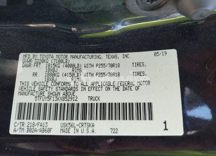 Photo 9 of 2019 Toyota Tundra LIMITED 5.7L V8/SR 5.7L V8/SR5 5.7L V8 (VIN 5TFUY5F13KX852912)