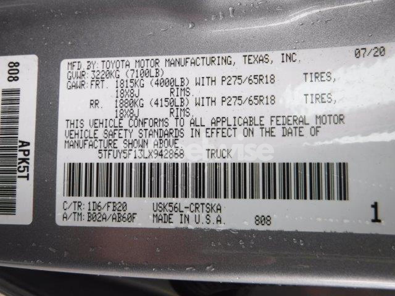 Photo 12 of 2020 TOYOTA TUNDRA DOUBLE CAB SR (VIN 5TFUY5F13LX942868)