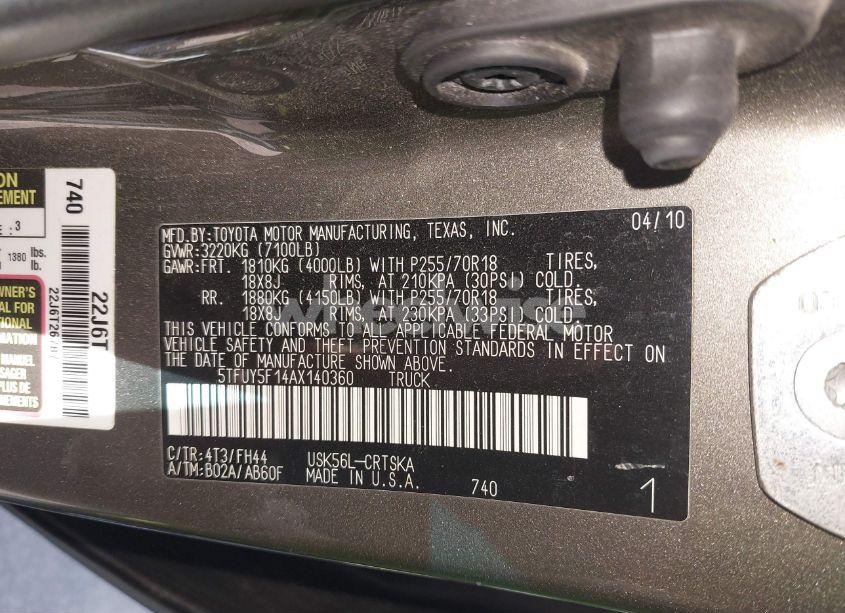 Photo 9 of 2010 Toyota Tundra GRADE 5.7L V8 (VIN 5TFUY5F14AX140360)