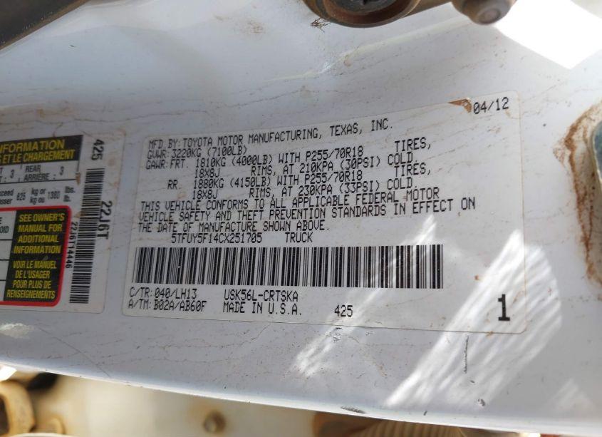 Photo 9 of 2012 Toyota Tundra GRADE 5.7L V8 (VIN 5TFUY5F14CX251705)