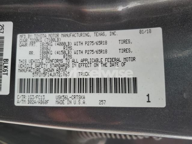 Photo 11 of 2018 TOYOTA TUNDRA DOUBLE CAB SR (VIN 5TFUY5F14JX721065)