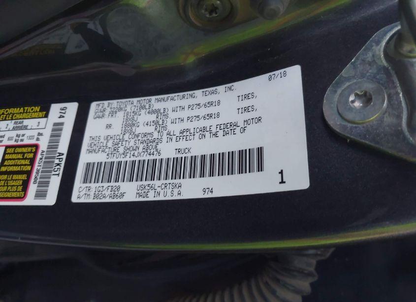 Photo 9 of 2018 Toyota Tundra SR5 5.7L V8 (VIN 5TFUY5F14JX774476)