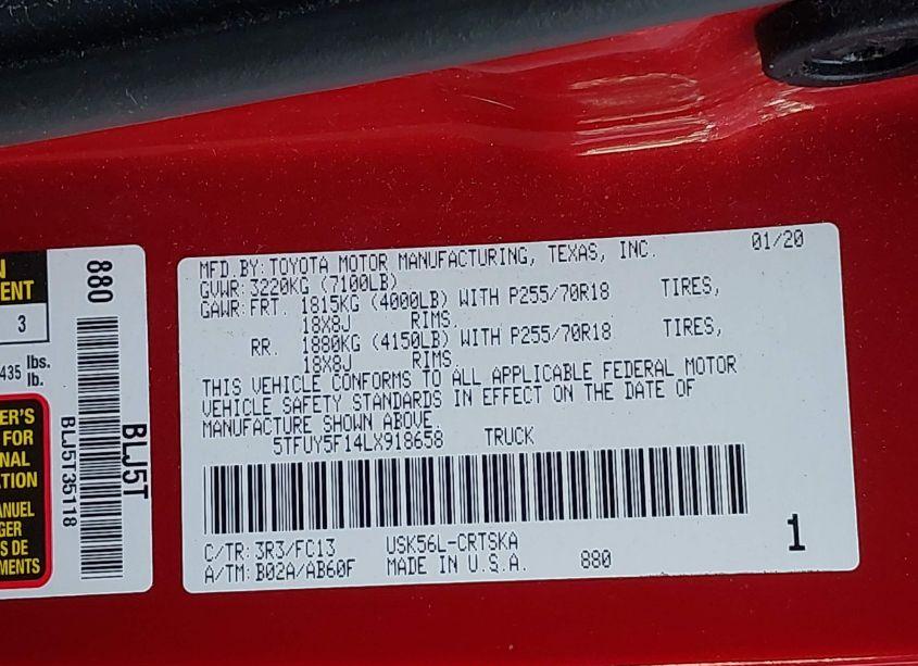 Photo 9 of 2020 Toyota Tundra SR5 (VIN 5TFUY5F14LX918658)