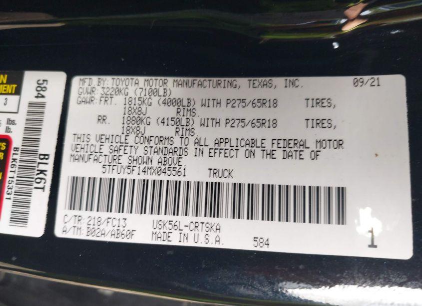 Photo 9 of 2021 Toyota Tundra SR5 (VIN 5TFUY5F14MX045561)