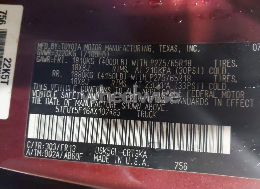 Photo 9 of 2010 Toyota Tundra GRADE 5.7L V8 (VIN 5TFUY5F16AX102483)