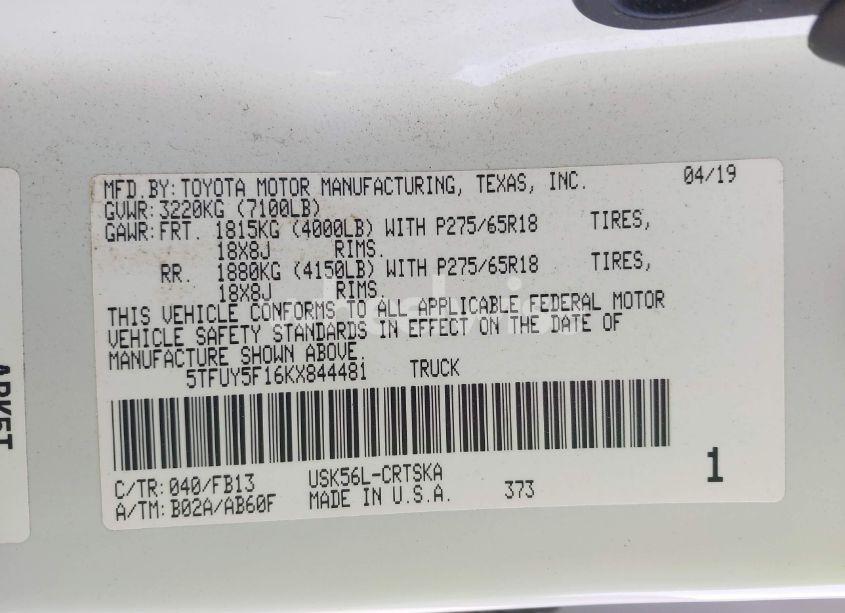 Photo 9 of 2019 Toyota Tundra SR5 5.7L V8 (VIN 5TFUY5F16KX844481)