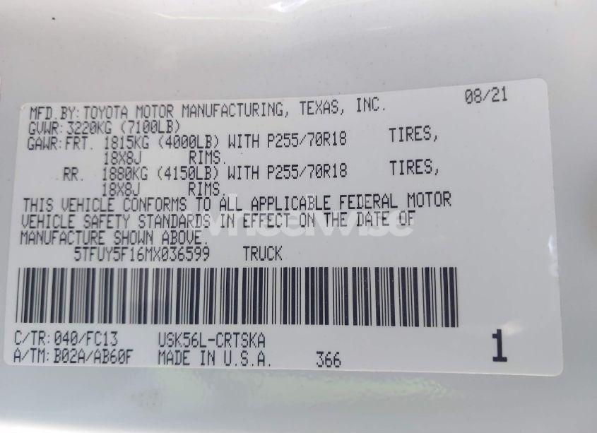 Photo 9 of 2021 Toyota Tundra SR5 (VIN 5TFUY5F16MX036599)