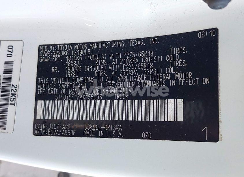 Photo 9 of 2010 Toyota Tundra DOUBLE CAB SR5 (VIN 5TFUY5F17AX155936)