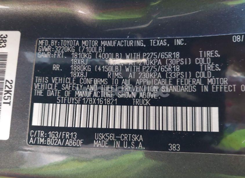 Photo 9 of 2011 Toyota Tundra GRADE 5.7L V8 (VIN 5TFUY5F17BX161821)