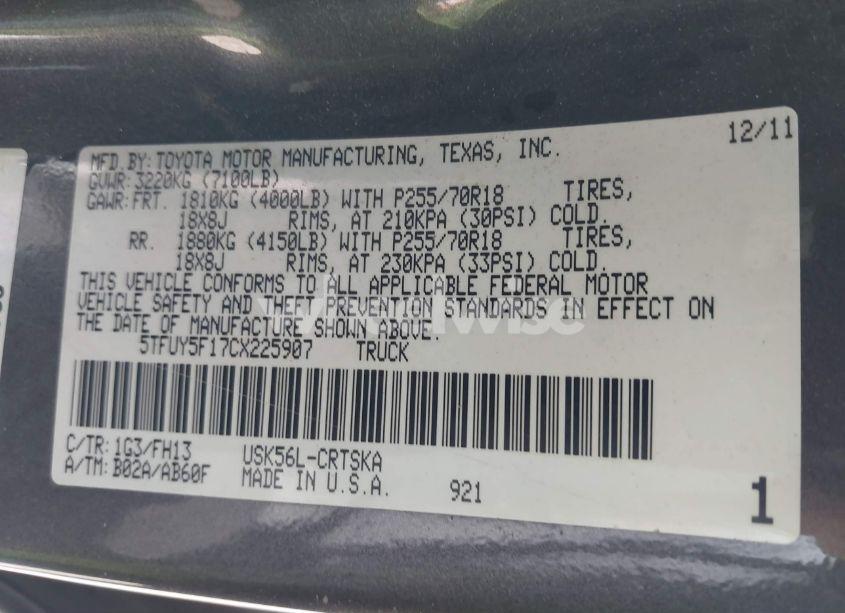 Photo 9 of 2012 Toyota Tundra GRADE 5.7L V8 (VIN 5TFUY5F17CX225907)