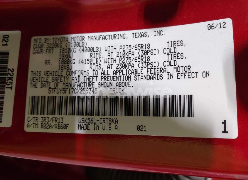 Photo 9 of 2012 Toyota Tundra GRADE 5.7L V8 (VIN 5TFUY5F17CX259345)