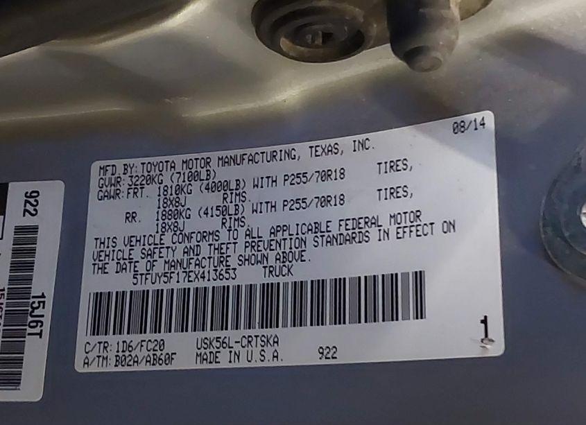 Photo 9 of 2014 Toyota Tundra SR5 5.7L V8 (VIN 5TFUY5F17EX413653)