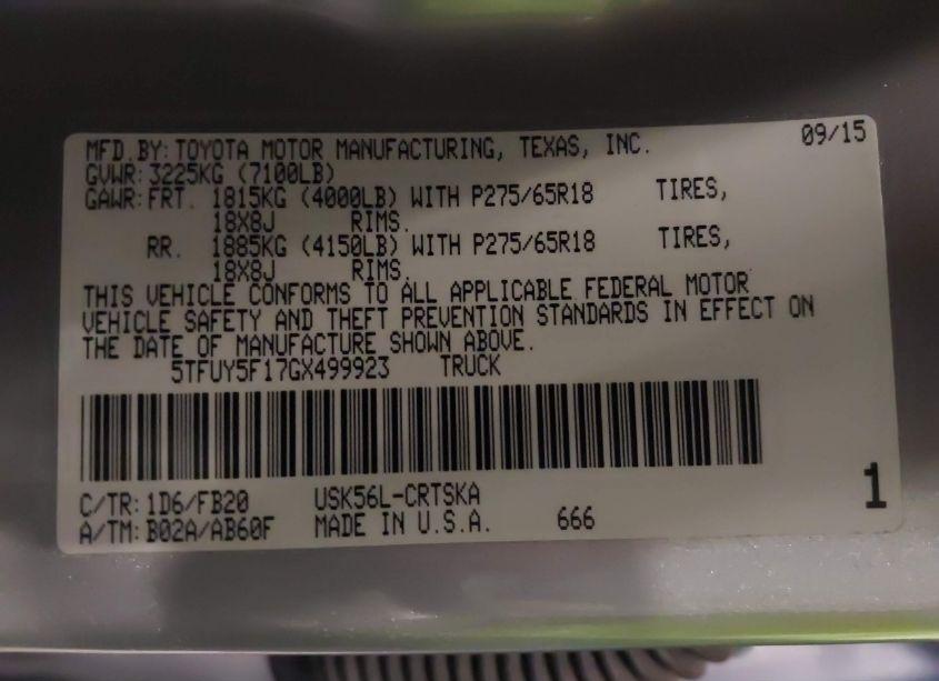 Photo 9 of 2016 Toyota Tundra SR5 5.7L V8 (VIN 5TFUY5F17GX499923)