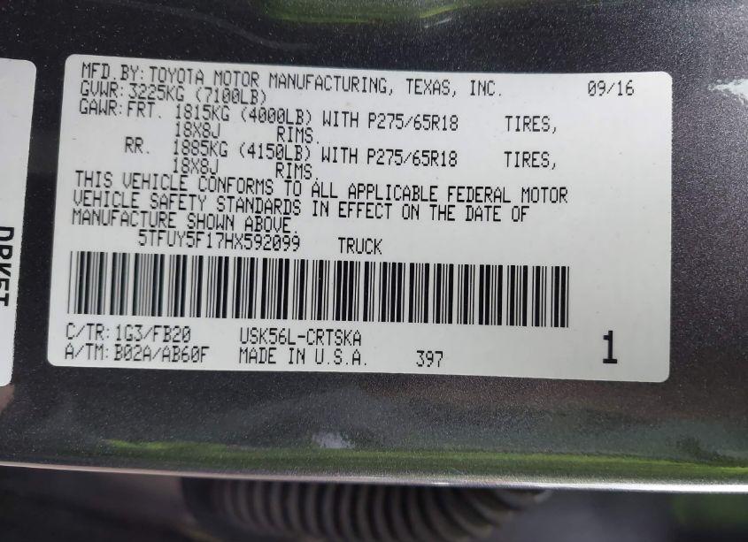 Photo 9 of 2017 Toyota Tundra SR5 5.7L V8 (VIN 5TFUY5F17HX592099)