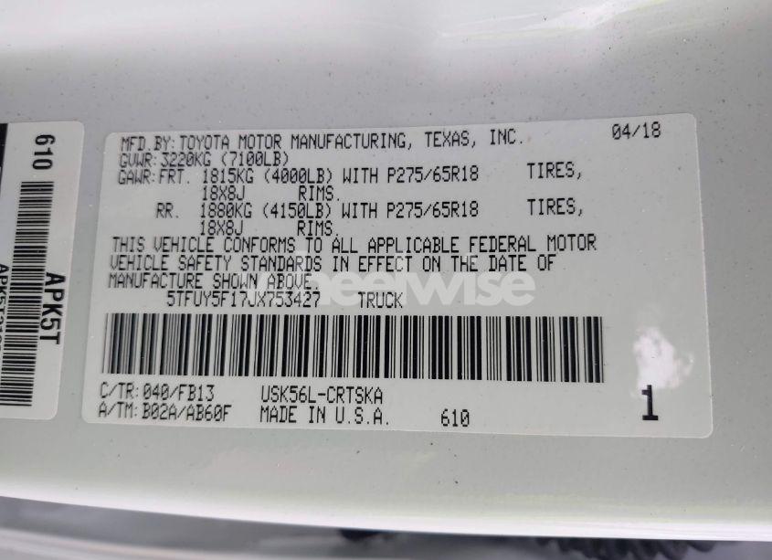 Photo 9 of 2018 Toyota Tundra SR5 5.7L V8 (VIN 5TFUY5F17JX753427)