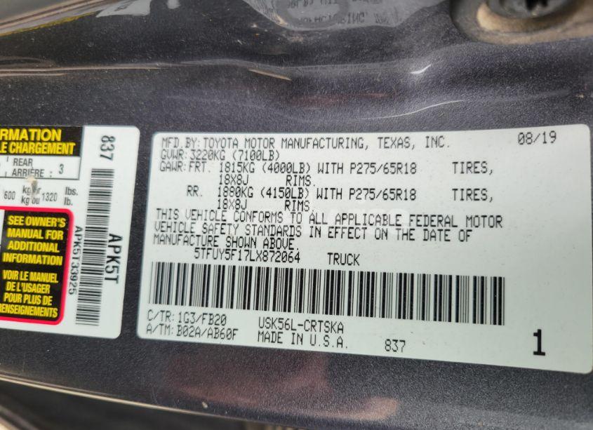 Photo 9 of 2020 Toyota Tundra N/A (VIN 5TFUY5F17LX872064)