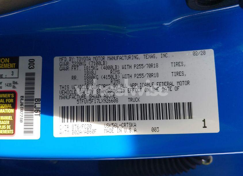 Photo 9 of 2020 Toyota Tundra SR5 (VIN 5TFUY5F17LX926608)