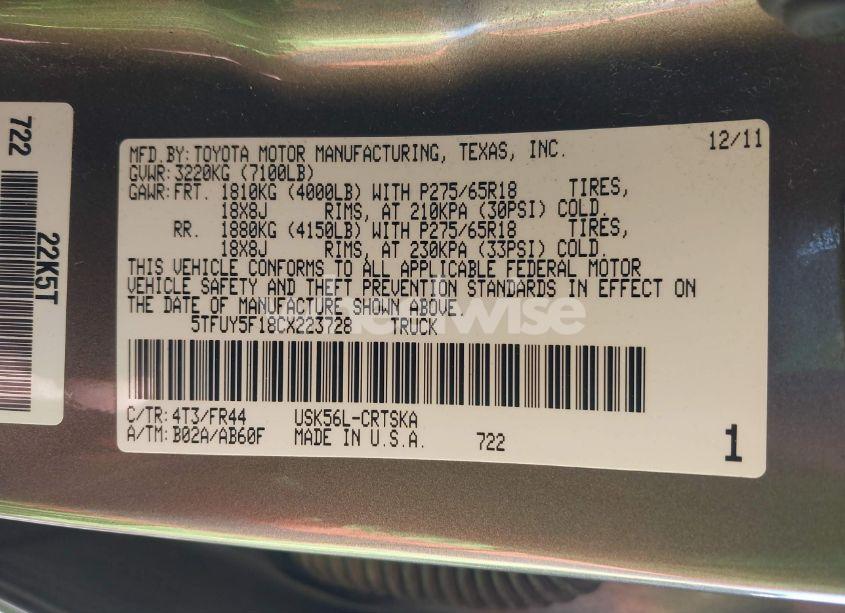 Photo 9 of 2012 Toyota Tundra GRADE 5.7L V8 (VIN 5TFUY5F18CX223728)