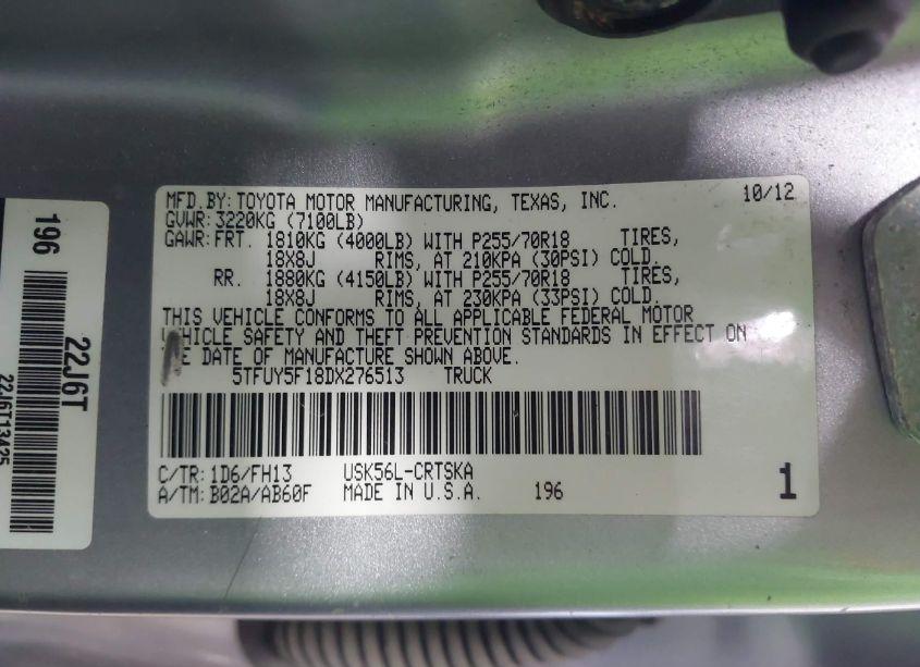 Photo 9 of 2013 Toyota Tundra GRADE 5.7L V8 (VIN 5TFUY5F18DX276513)